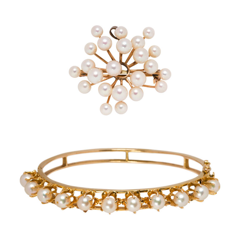 14k gold pearl bracelet and brooch set