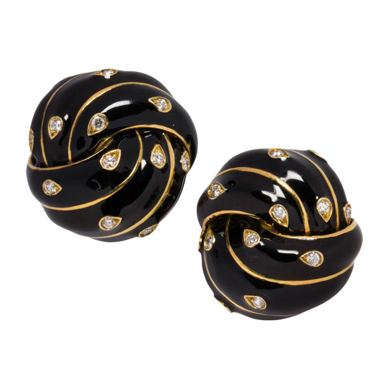 David Webb 18k gold diamond and enamel clip earrings