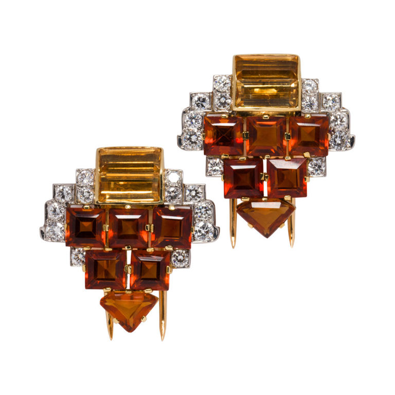 18k gold, platinum citrine and diamond clip brooches