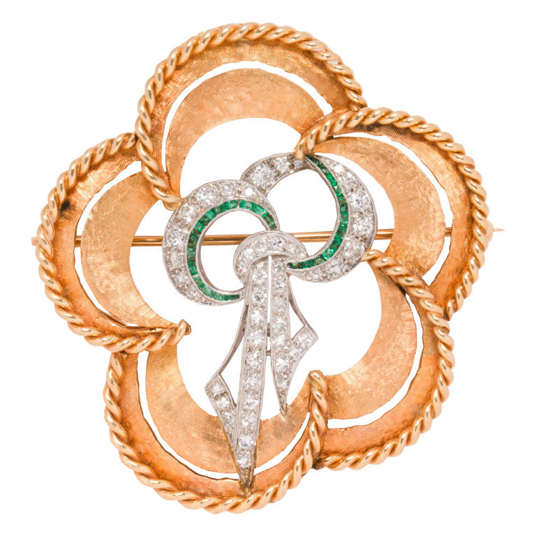 Diamond, emerald, platinum and 14k gold brooch