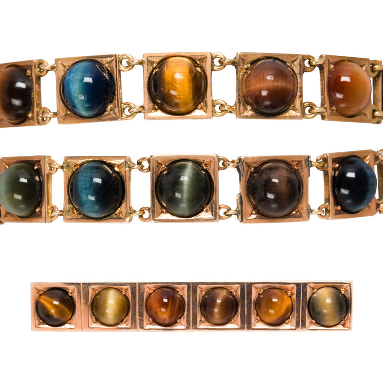 Cat's eye chrysoberyl, tiger's eye and gold jewelry set