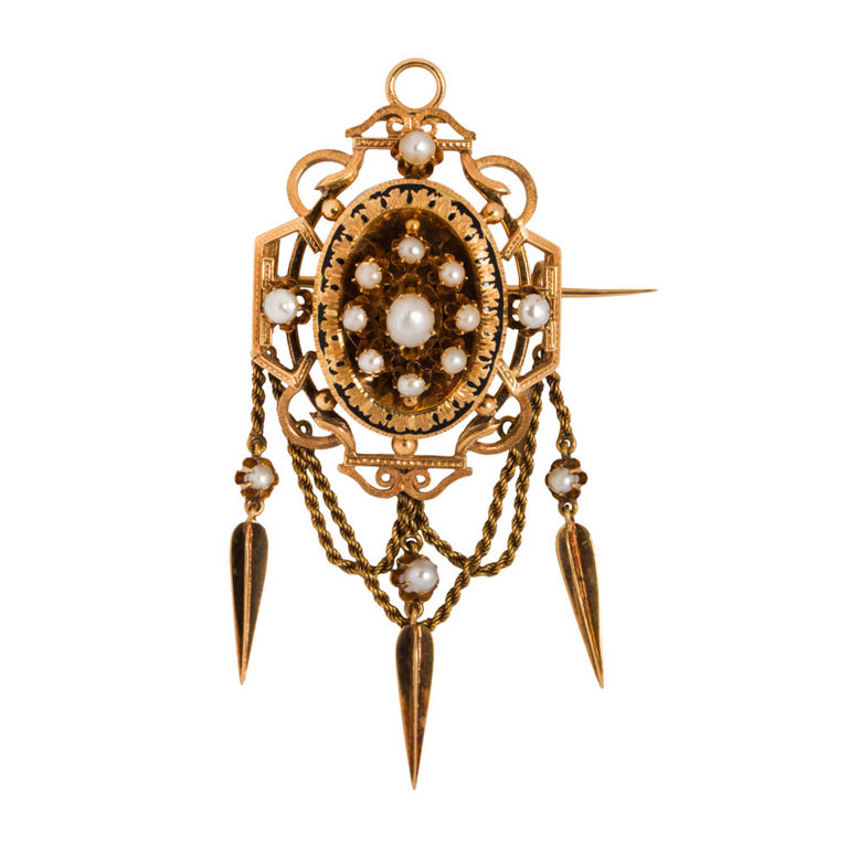 Victorian seed pearl and 14k gold brooch