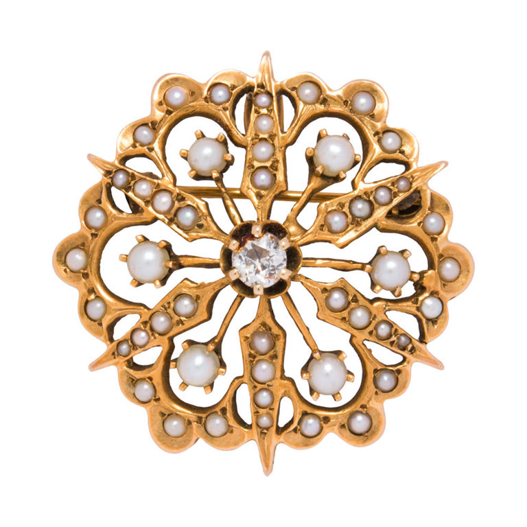 14k gold brooch with diamond and seed pearl