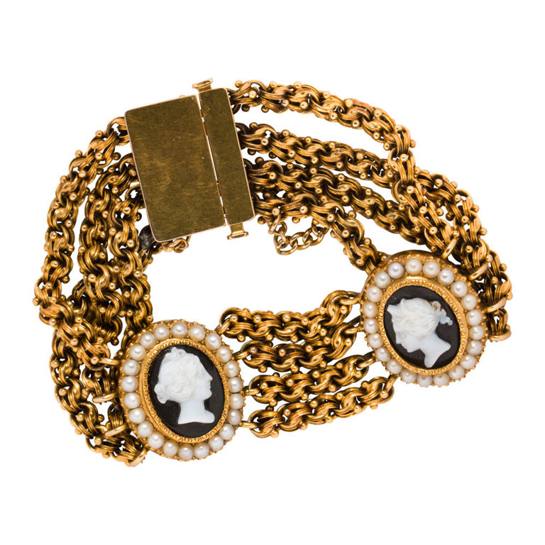 14k gold bracelet with cameo and cultured pearls