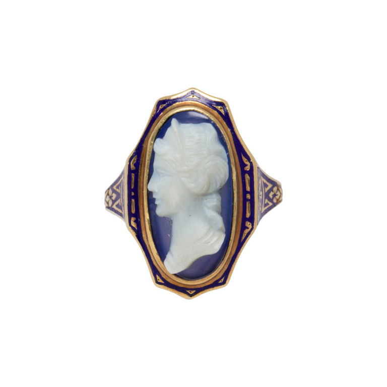 A cameo, enamel and 14k gold ring