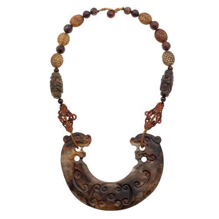 Carved hardstone necklace with jade plaque