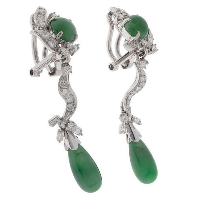 14k white gold ear clips with jade and diamonds