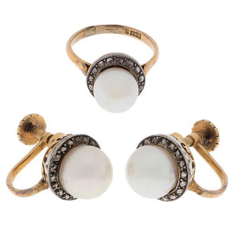 Cultured pearl, 14k rose gold and silver jewelry suite