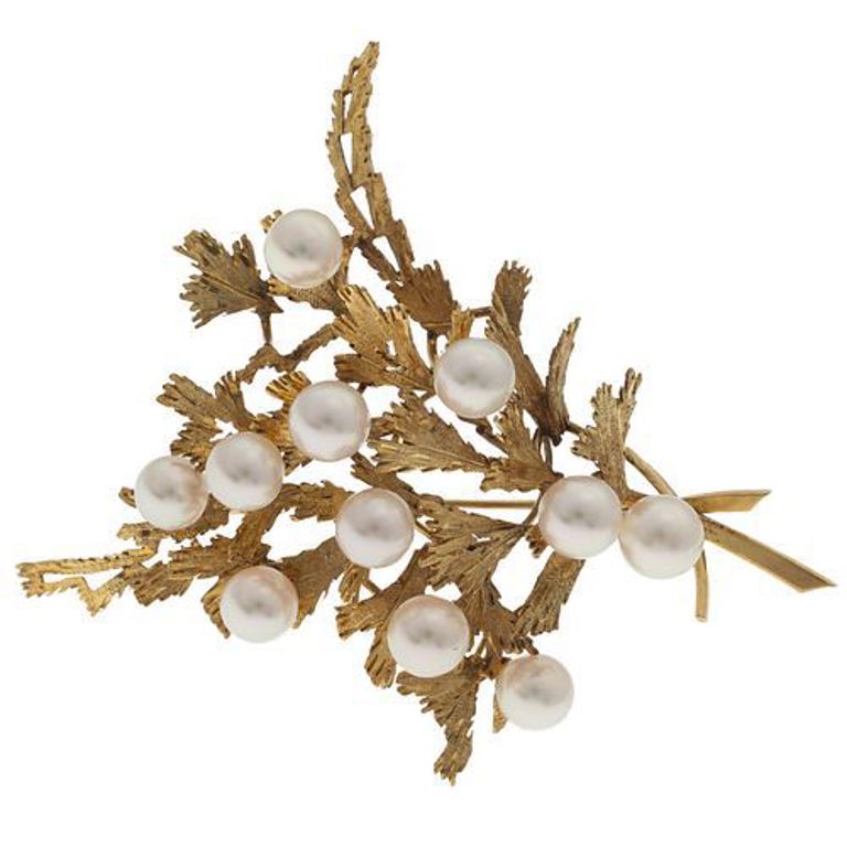 14k yellow gold spray brooch with cultured pearls