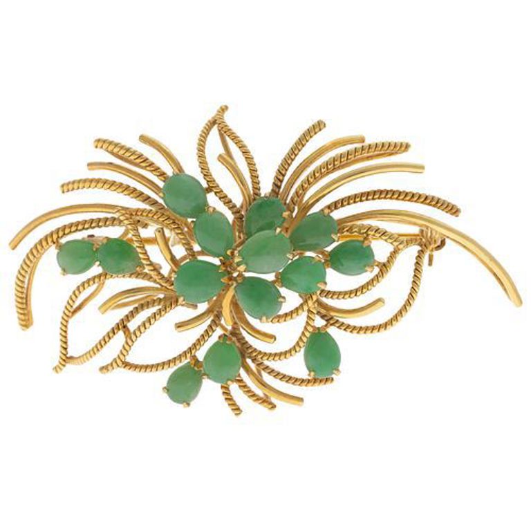 14k yellow gold spray brooch with jade