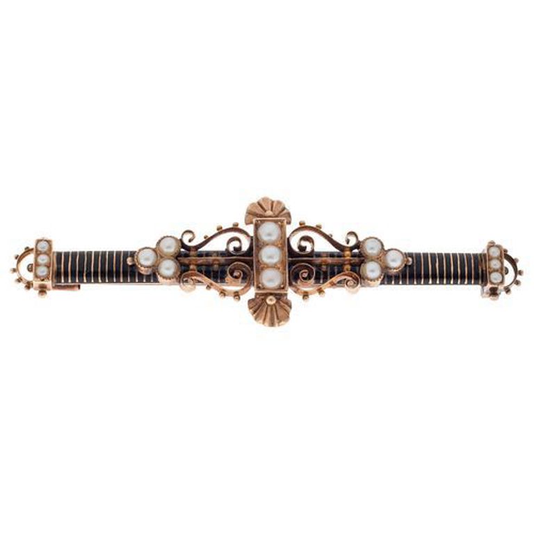 Victorian 14k rose gold bar pin with pearls and enamel
