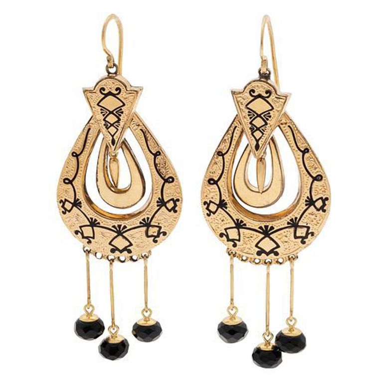 14k yellow gold earrings with onyx and enamel