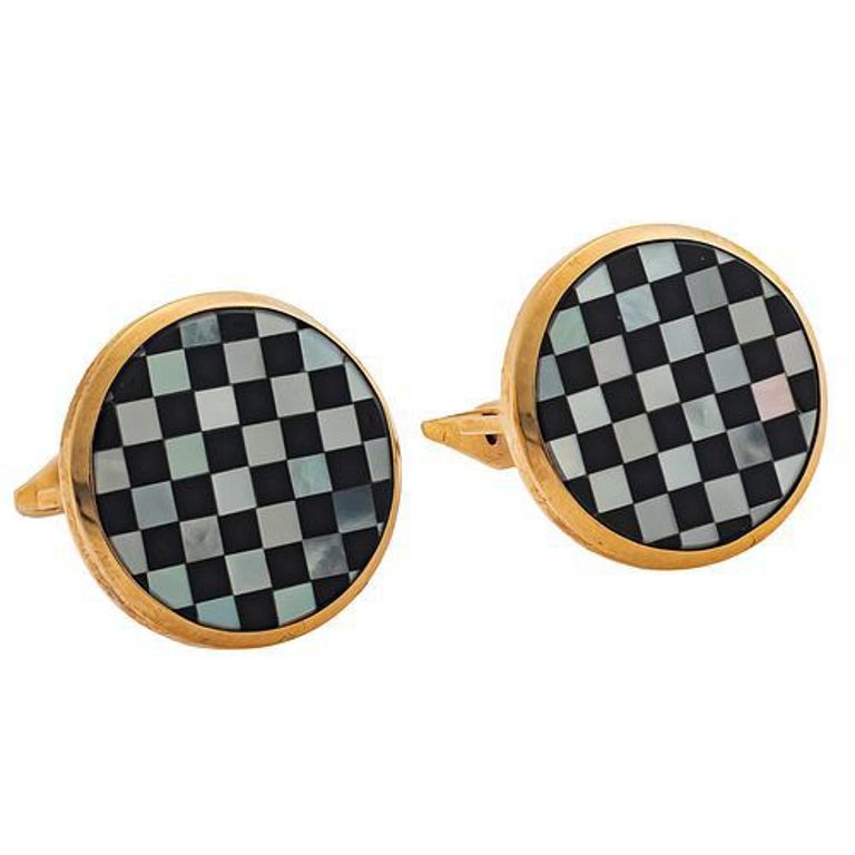 14k yellow gold cufflinks with onyx and mother-of-pearl