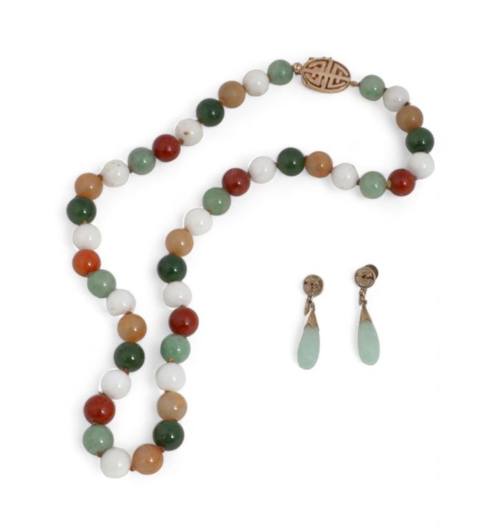 Jadeite and 14k gold bead necklace with ear pendants