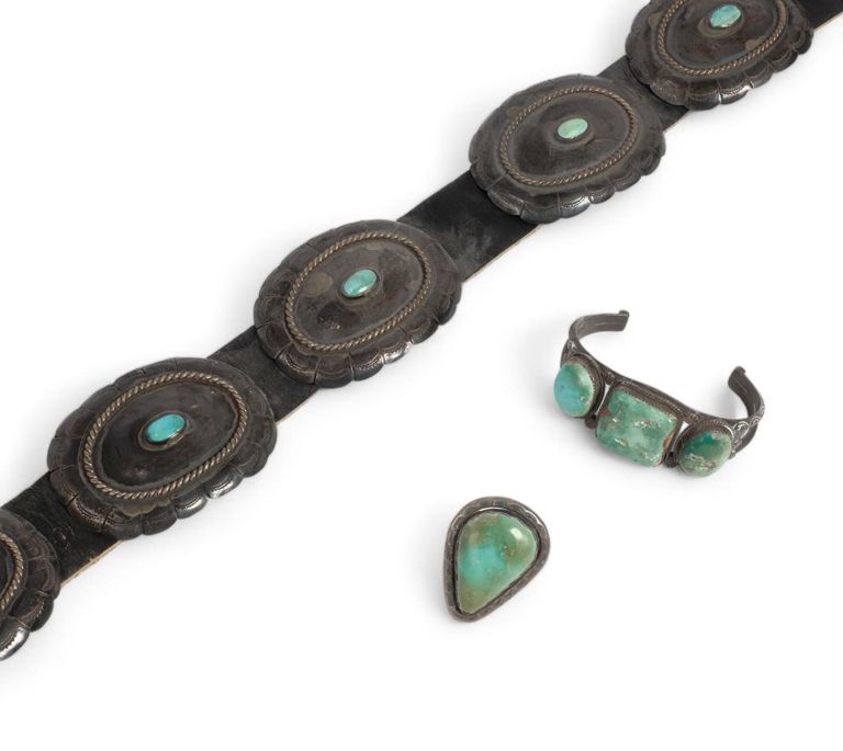 Three turquoise and silver items: ring, bracelet and belt