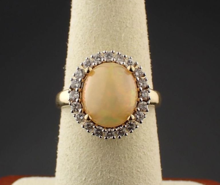 14k gold opal and diamond halo ring