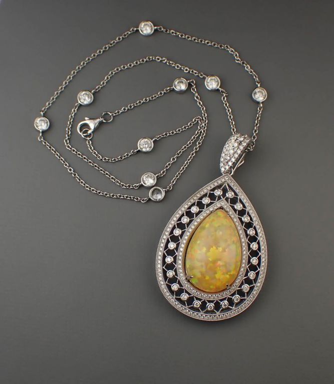 Opal and diamond 14k white gold pendant necklace