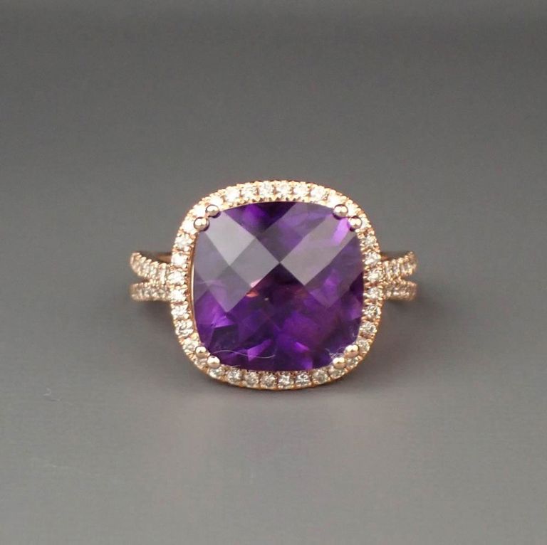 Amethyst, diamond and 14k rose gold ring