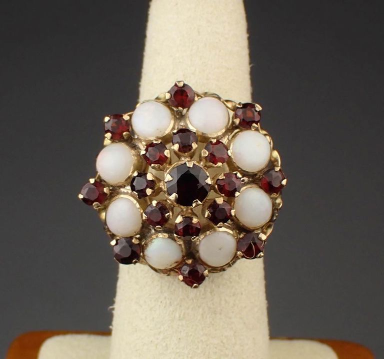 Garnet, opal and 14k yellow gold harem ring