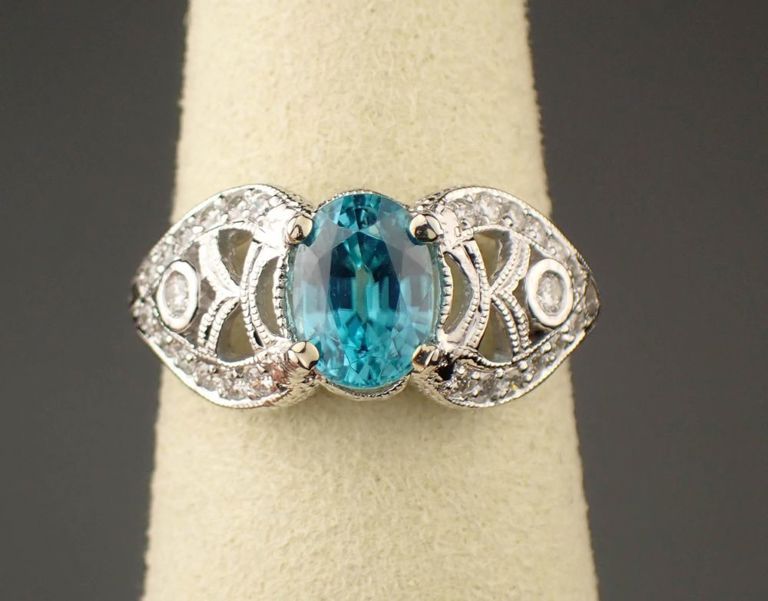 Blue zircon, diamond and platinum ring