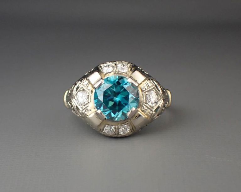 Blue zircon, diamond and 14k white gold ring