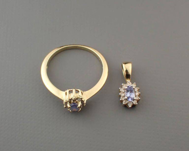 Tanzanite and diamond ring and pendant in 14k gold