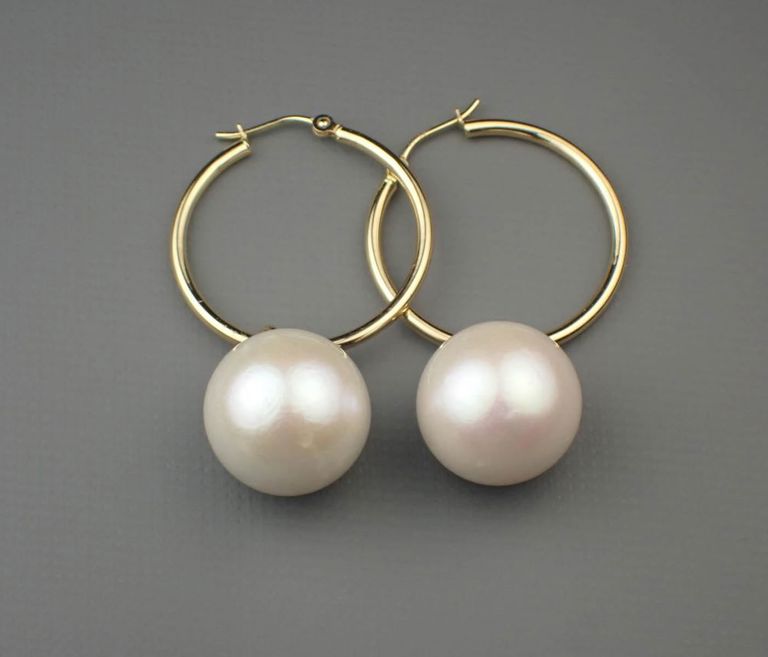 18k gold hoops with South Sea pearl charms