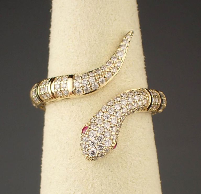 14k yellow gold diamond and ruby snake ring