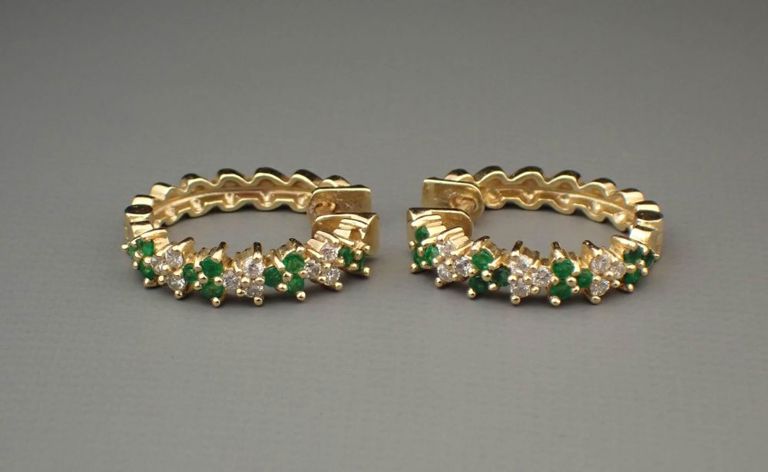 14k gold hoop earrings with emeralds and diamonds