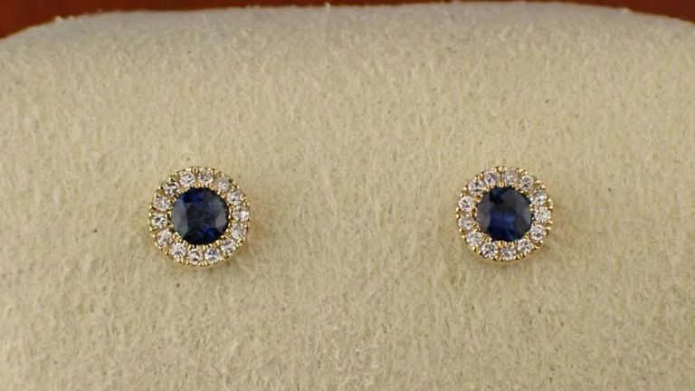 14k gold sapphire and diamond halo ear studs