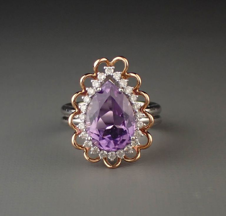 14k white and rose gold amethyst and diamond ring