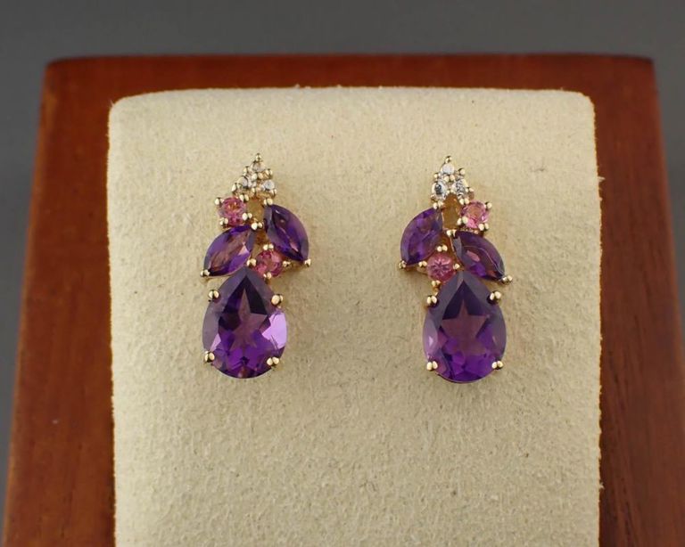 14k gold amethyst, pink tourmaline and diamond earrings