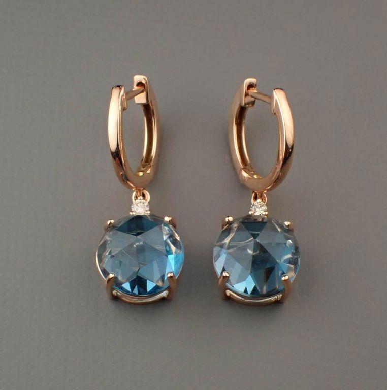 14k rose gold blue topaz and diamond earrings