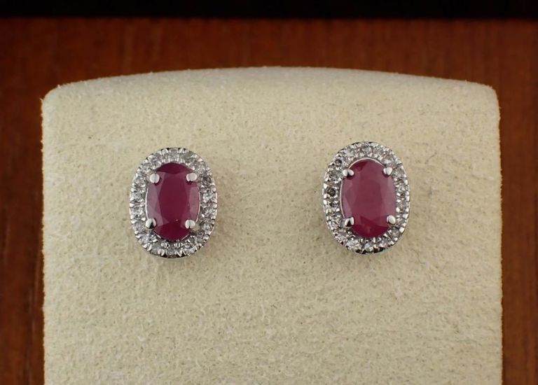 14k white gold ruby and diamond ear studs