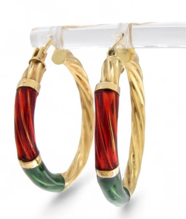 18k gold hoop earrings with enamel