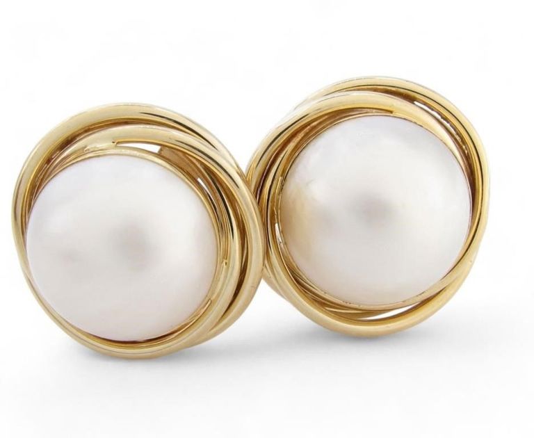 14k gold knot mabe pearl stud earrings