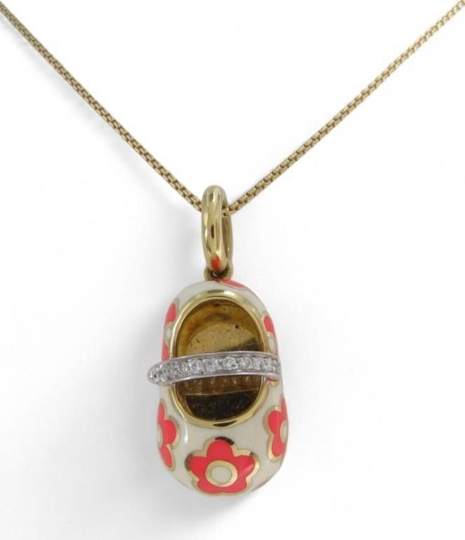 18k gold enamel baby shoe pendant
