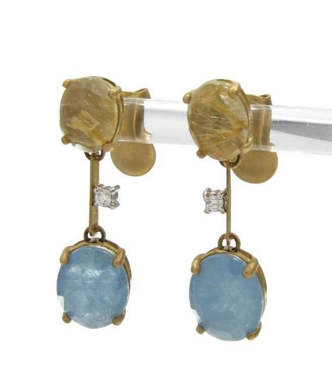 18k gold aquamarine, citrine and diamond drop earrings