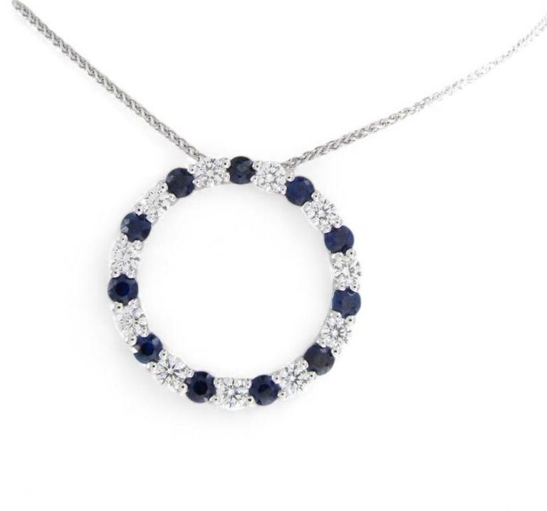 14k white gold diamond and sapphire circle pendant necklace