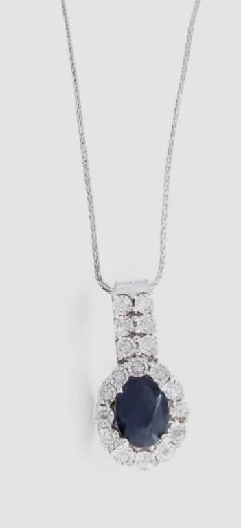 14k white gold diamond and sapphire pendant necklace