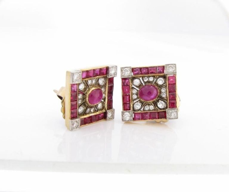 18k gold and platinum ruby and diamond earrings