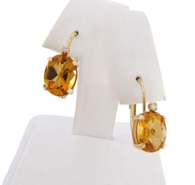 14k gold citrine and diamond Euro wire earrings