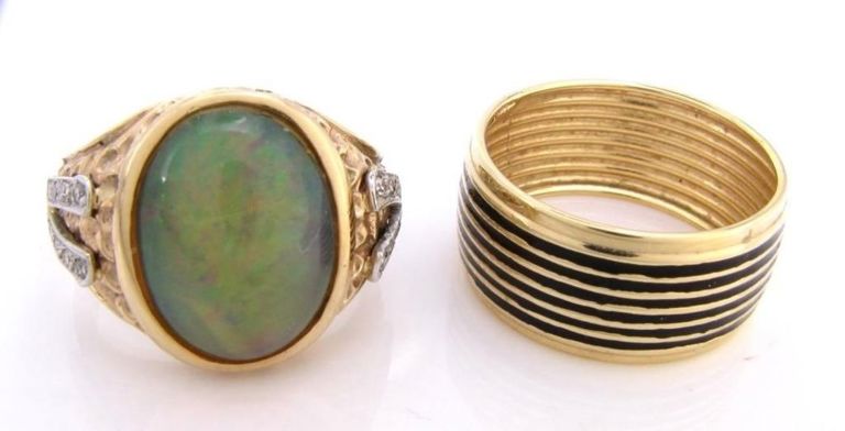 Two 10k gold gent's rings with opal and diamonds