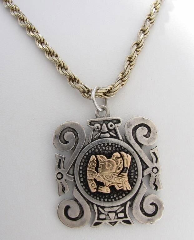 Sterling silver and 18k gold Peruvian vintage pendant with chain