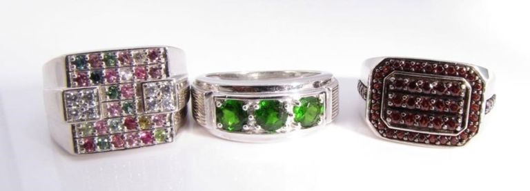 Three BBJ men's sterling silver gemstone rings