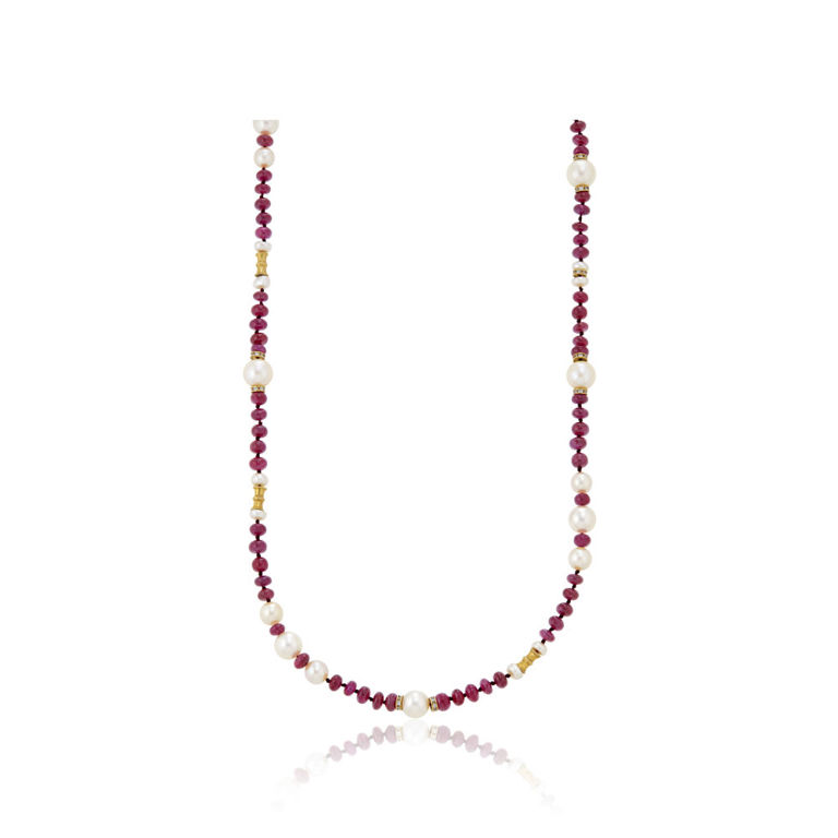 Yellow gold cultured pearl, ruby and diamond longchain necklace