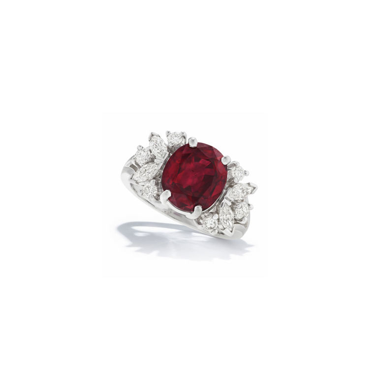 Platinum ruby and diamond ring