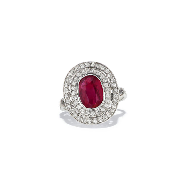 Platinum ruby and diamond ring