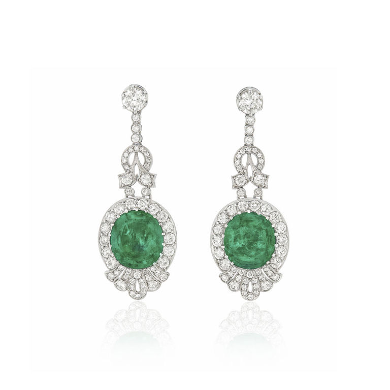 White gold emerald and diamond earrings