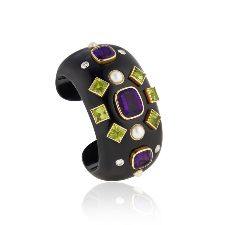 18k yellow and white gold black jade, diamond and multi-gem cuff bracelet